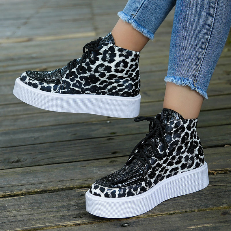 Hazel Blues® |  PU Leather Leopard Platform Sneakers