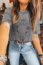 Hazel Blues® |  Light Grey Western Steer Head Tie Dye Print Crew Neck T Shirt