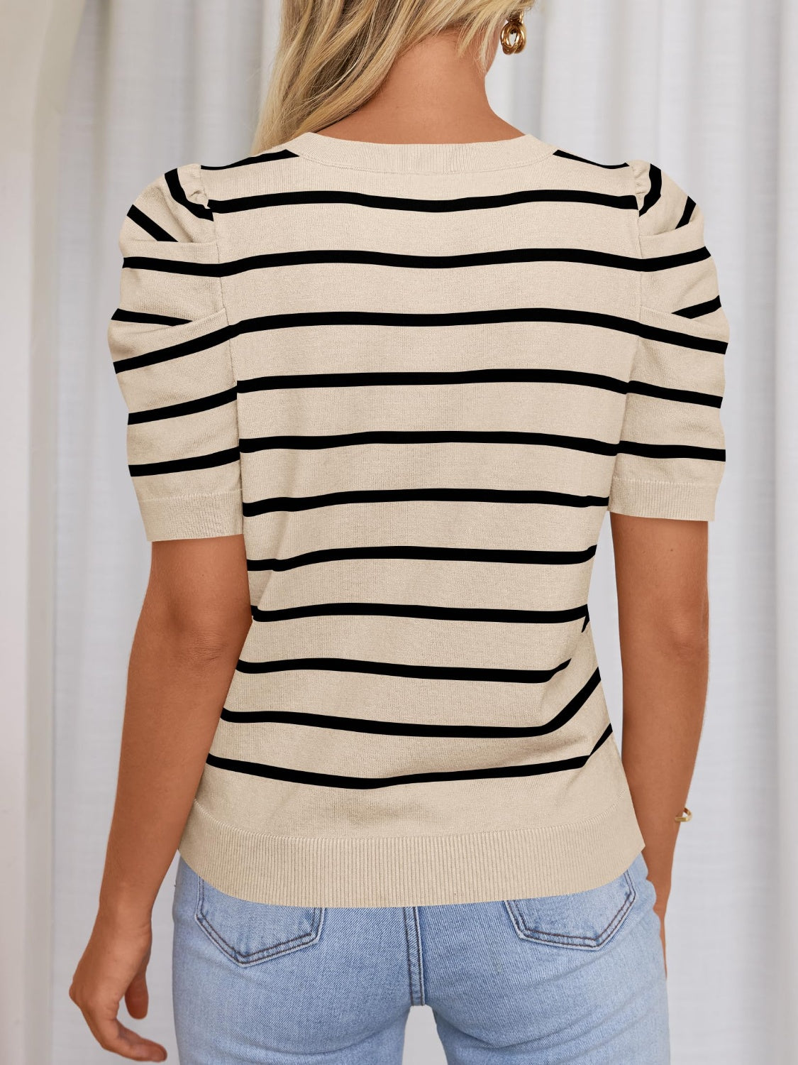 Hazel Blues® |  Striped Round Neck Puff Sleeve Knit Top