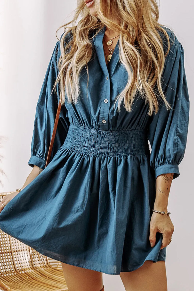 Hazel Blues® |  Smocked Half Button Three-Quarter Sleeve Mini Dress