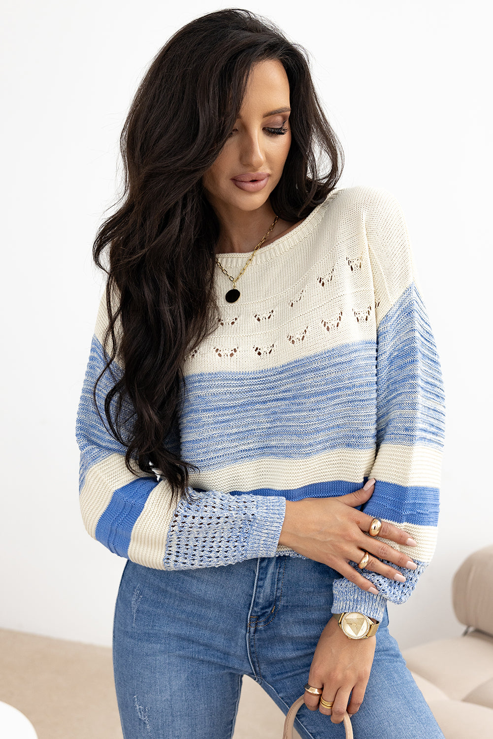 Hazel Blues® |  Light Blue Open Stitch Puff Sleeve Sweater