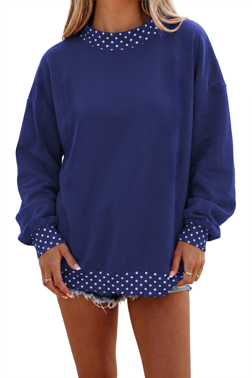 Dark Blue Color-Block Polka-Dot Contrast Trim Oversized Sweatshirt