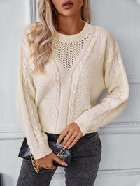 Hazel Blues® |  Openwork Cable-Knit Round Neck Long Sleeve Sweater