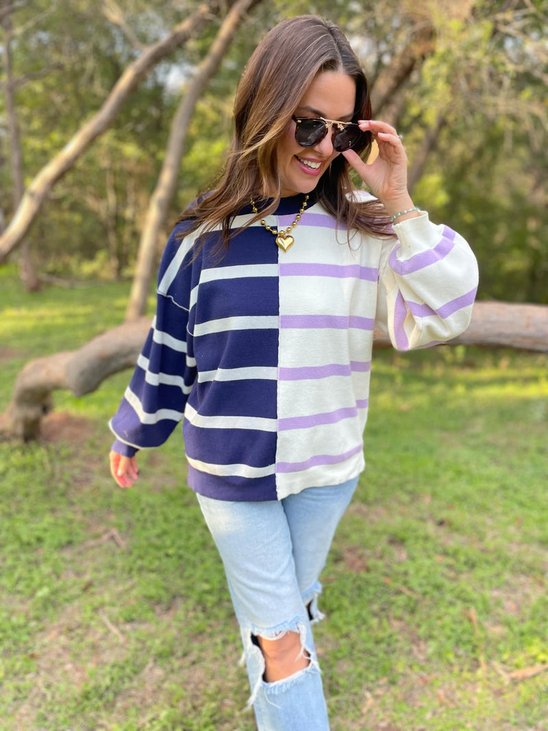 Hazel Blues® |  PREORDER: Exceptional Thought Striped Patchwork Sweater in Three Colors