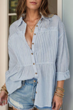 Hazel Blues® |  Frill Striped Collared Neck Long Sleeve Shirt