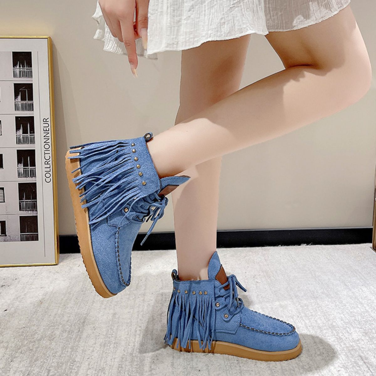 Hazel Blues® |  Fringe Studded Round Toe Canvas Boots