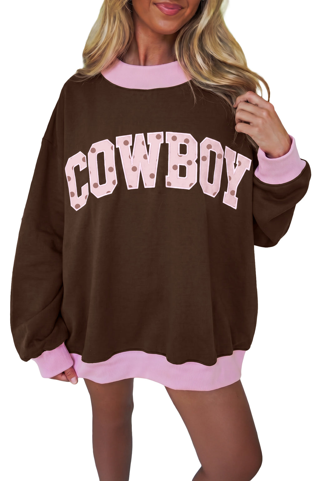 Hazel Mae Coffee Polka Dot Letter Graphic Color-Block Tunic Sweatshirt