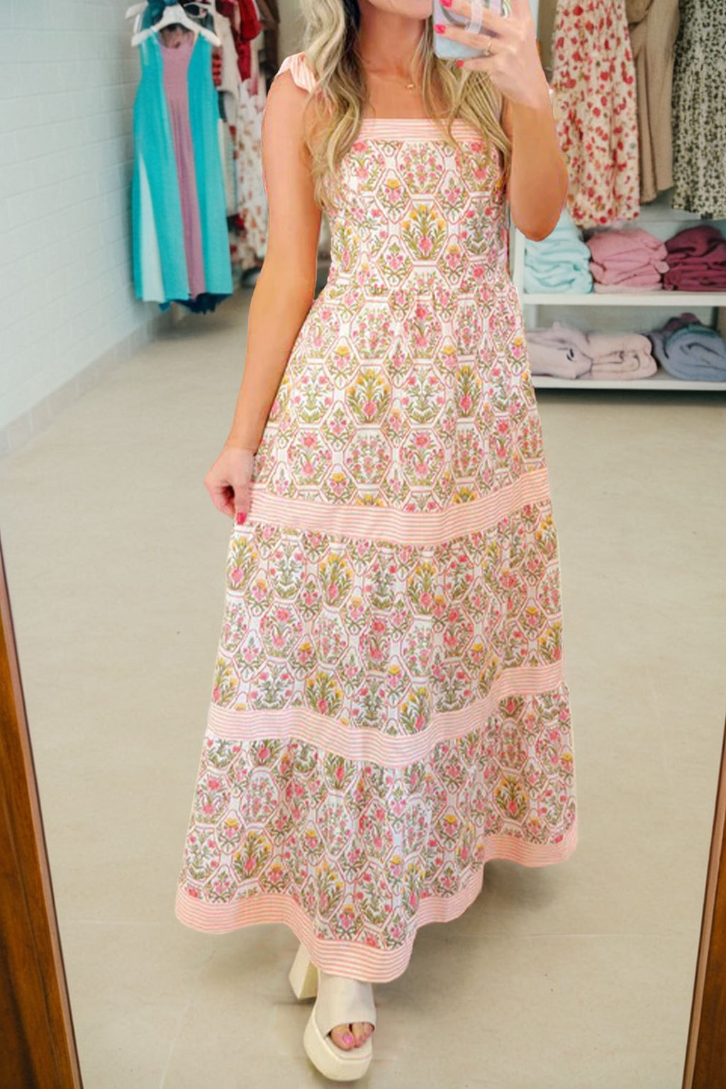 Geometric Floral Print Striped Patchwork Detail Sleeveless Dress | Floral Striped Patchwork Dress