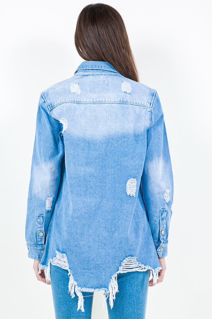 Hazel Blues® |  American Bazi Frayed Hem Distressed Denim Shirt Jacket