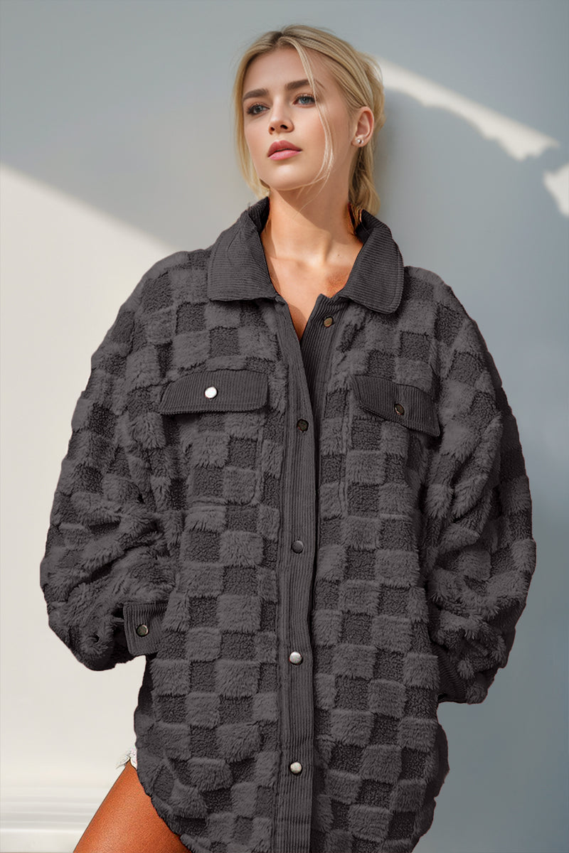 Hazel Blues® |  Double Take Button Up Fuzzy Checkered Shacket