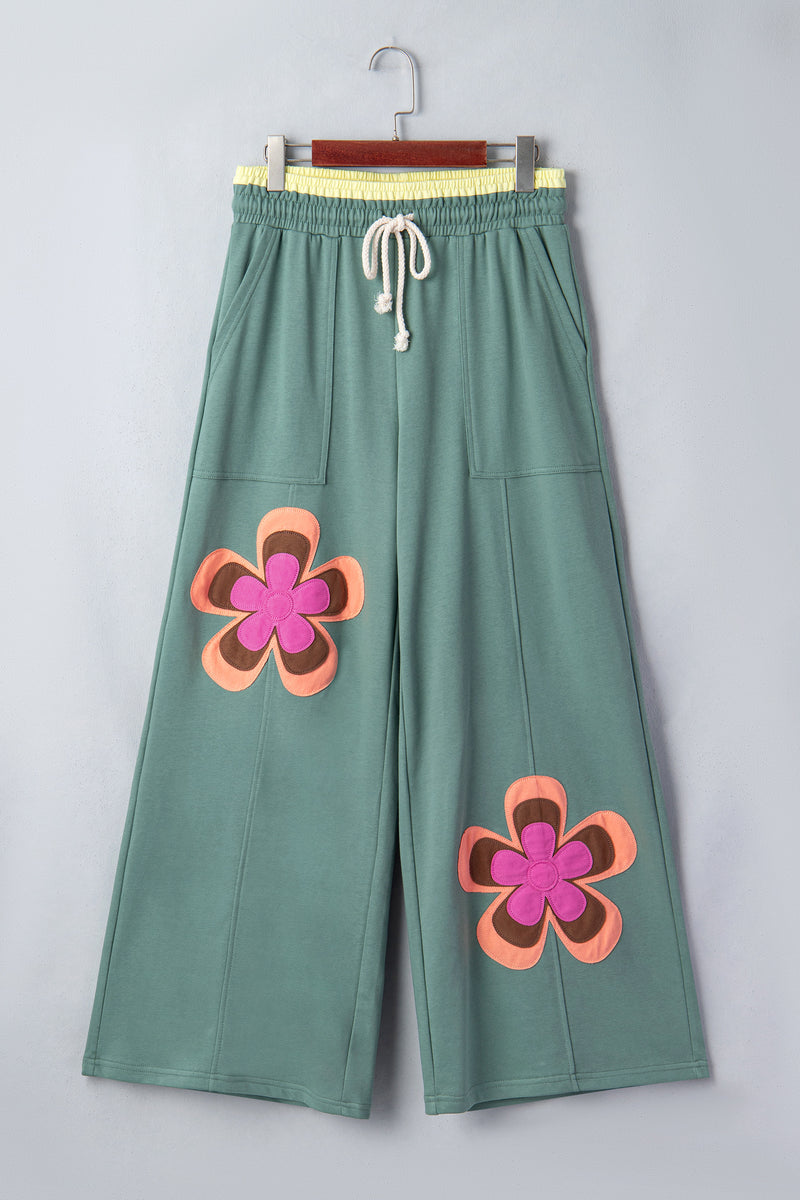 Sky Blue Color Block Flower Patchwork Drawstring Contrasted