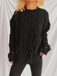 Hazel Blues® |  Distressed Cable-Knit Round Neck Long Sleeve Sweater