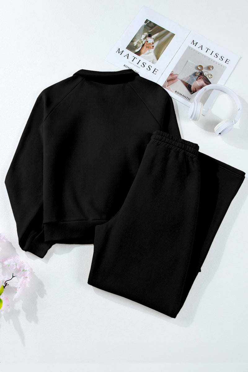 Hazel Blues® |  Black Solid Collared Sweatshirt and High Waist Pants Active Set