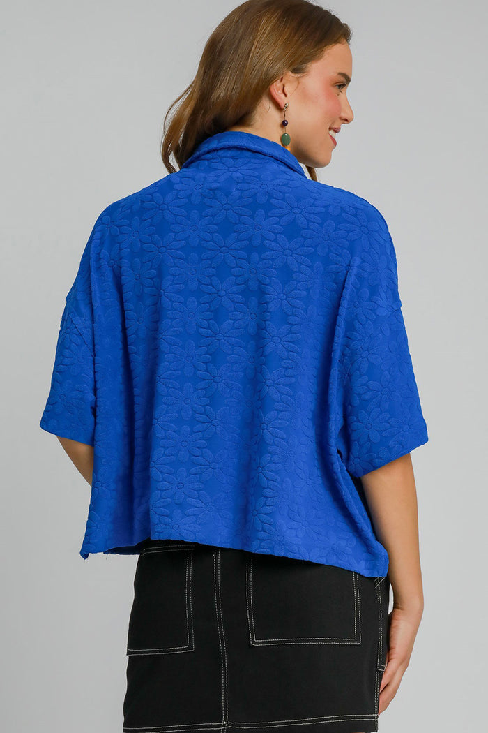 Hazel Blues® |  Umgee Floral Johnny Collar Half Sleeve Jacquard Top