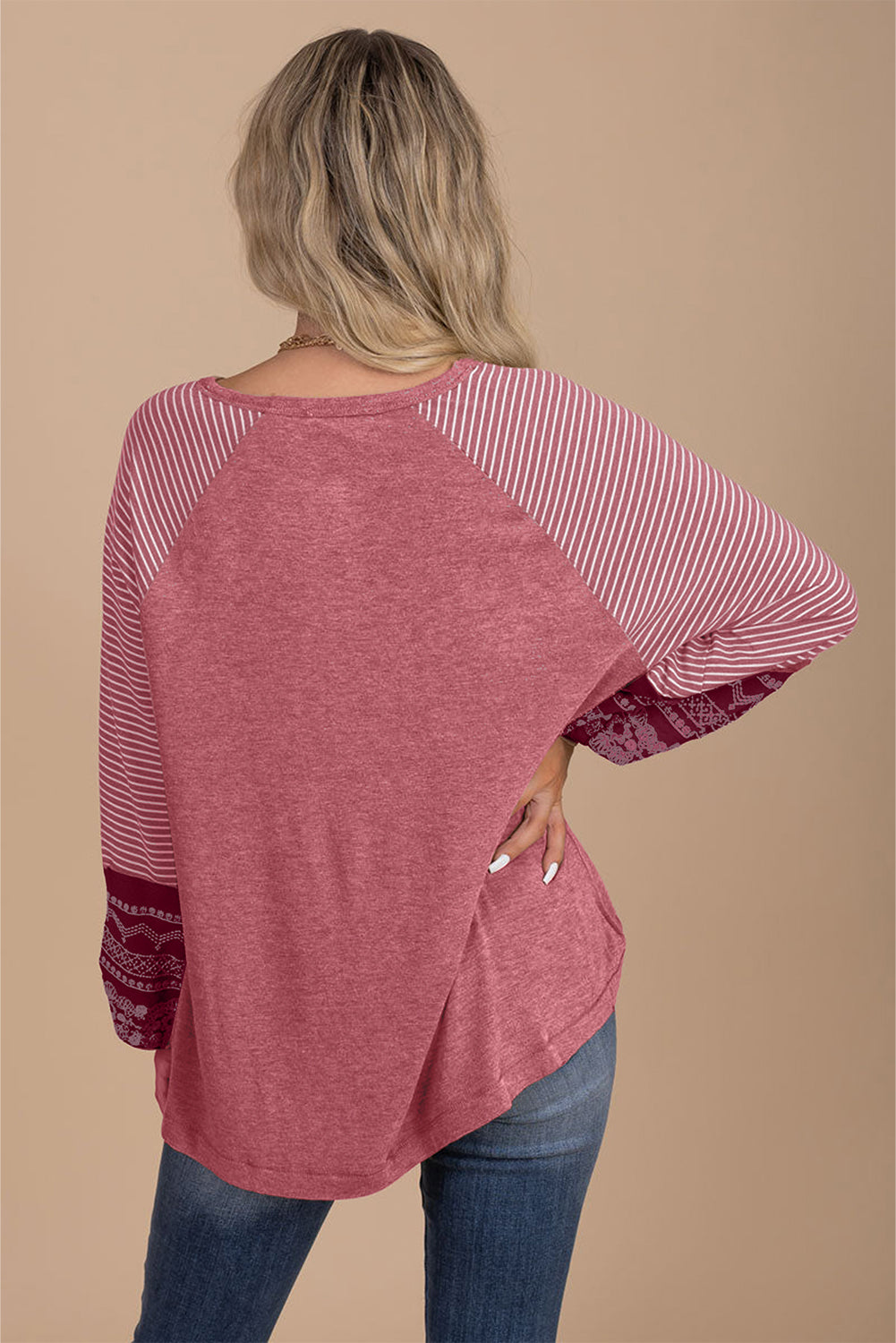 Contrast Print Striped Raglan Long Sleeve Loose Top | Striped Long Sleeve Top