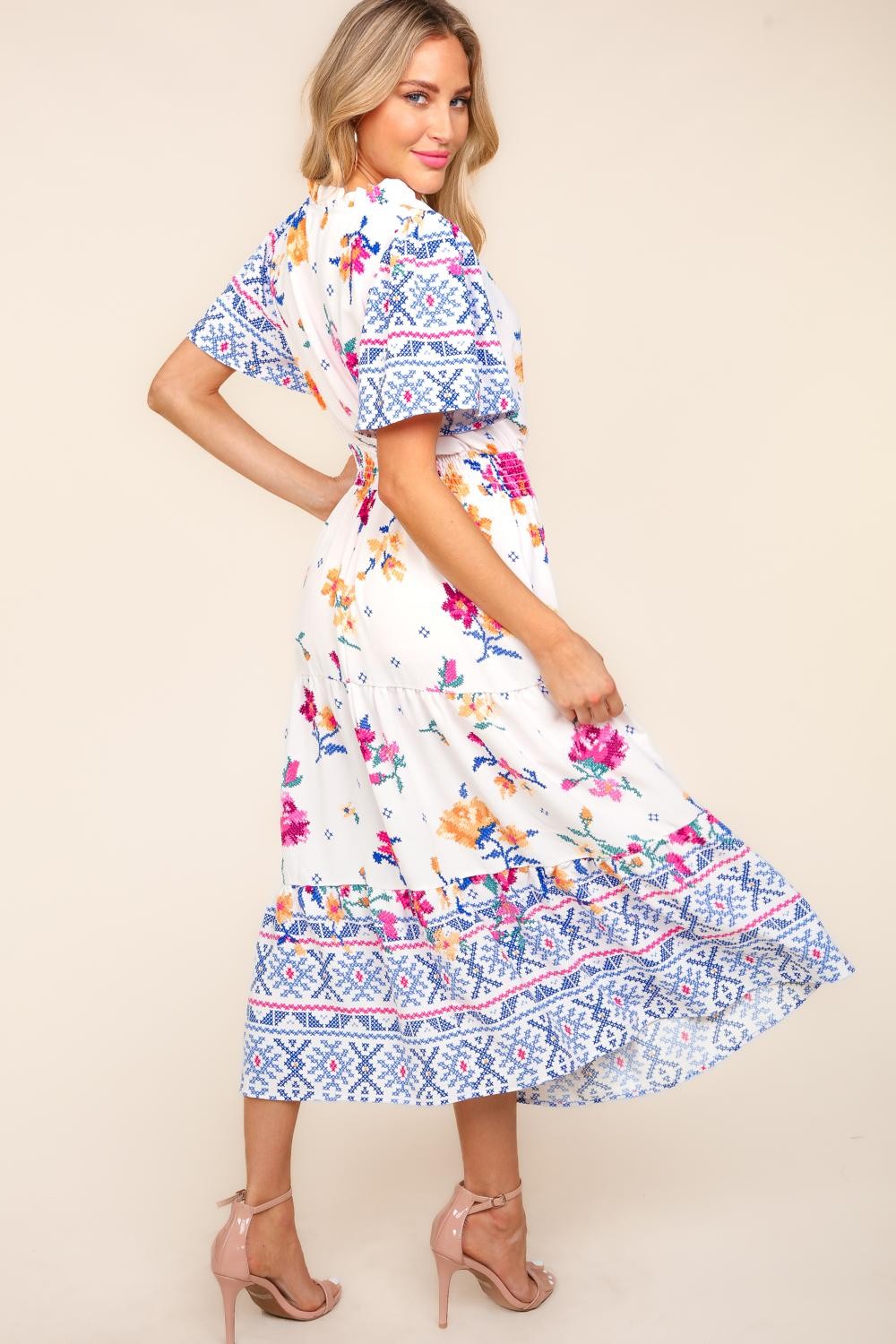 Hazel Blues® |  Haptics Printed Notched Short Sleeve Tiered Dress