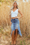Hazel Blues® |  Myosotis Irregular Distressed Bottom Denim Midi Skirt