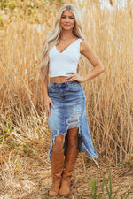 Hazel Blues® |  Myosotis Irregular Distressed Bottom Denim Midi Skirt