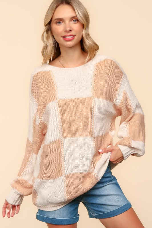 Hazel Blues® |  Haptics Checkered Round Neck Drop Shoulder Sweater