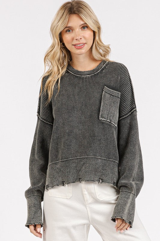 Hazel Blues® |  Mittoshop Distressed Hem Round Neck Dropped Shoulder Sweater