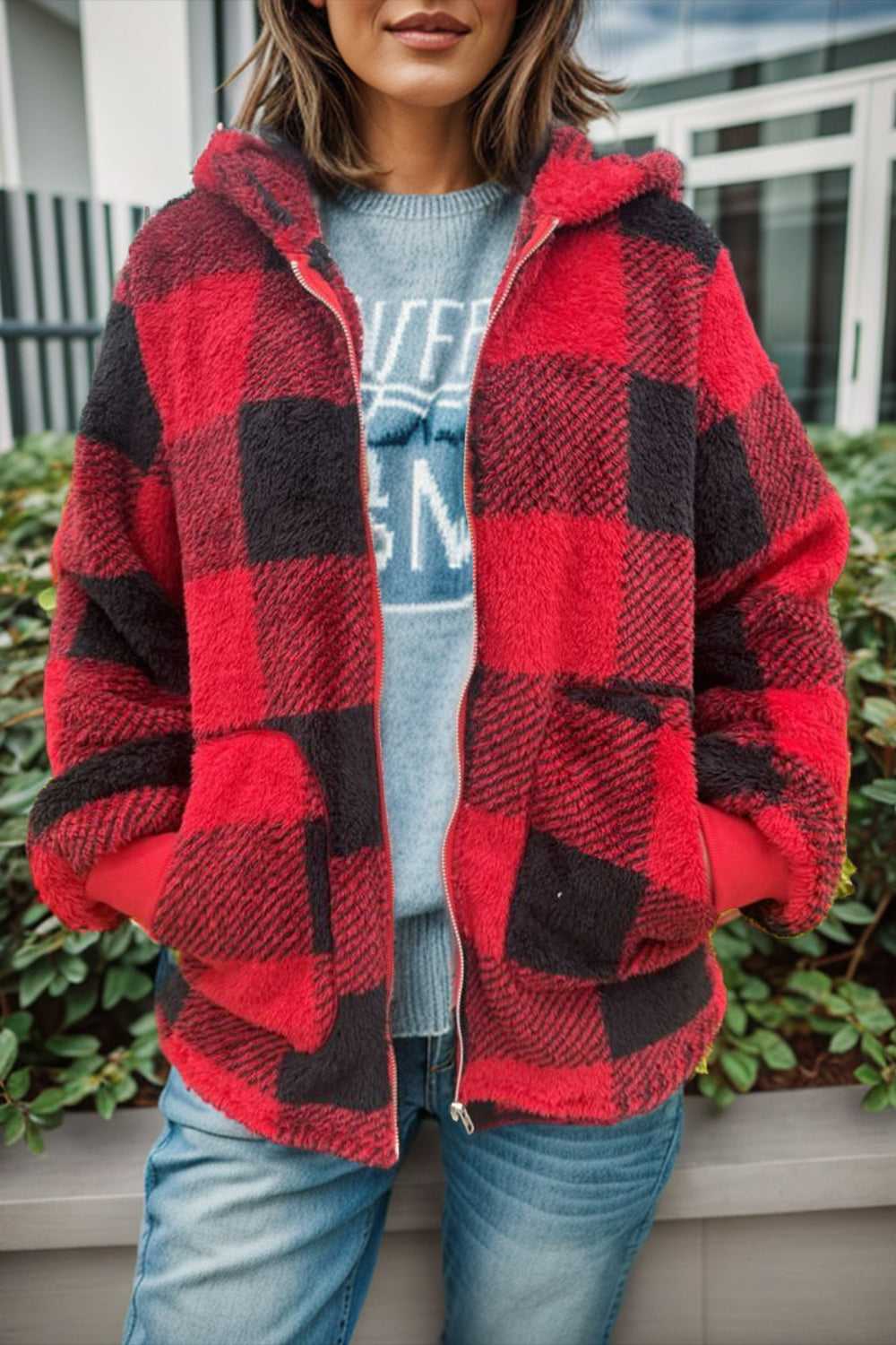 Hazel Blues® |  Double Take Plaid Long Sleeve Hooded Coat