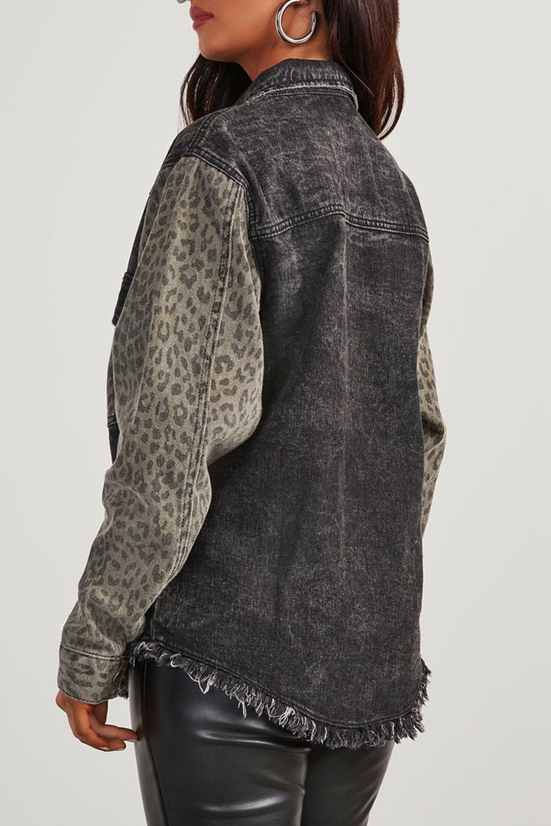 Hazel Blues® |  Raw Hem Leopard Snap Down Denim Jacket