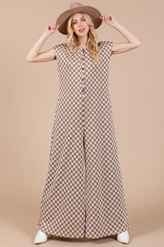 Hazel Blues® |  Ces Femme Checkered Half Button Cap Sleeve Jumpsuit