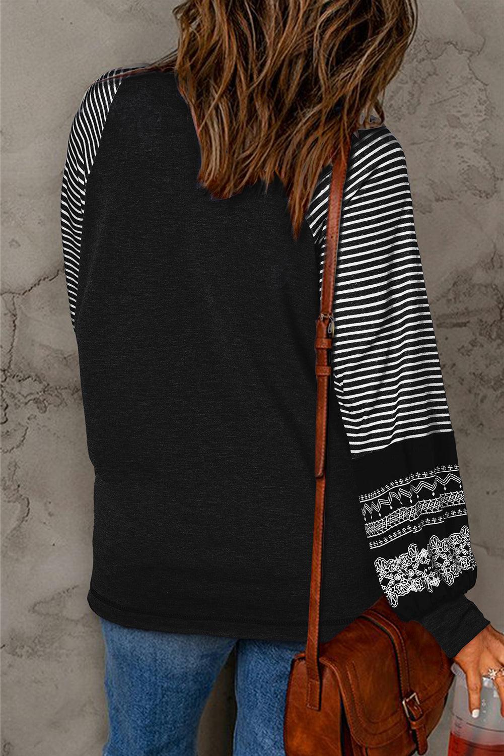 Black Contrast Print Striped Raglan Long-Sleeve Loose Top