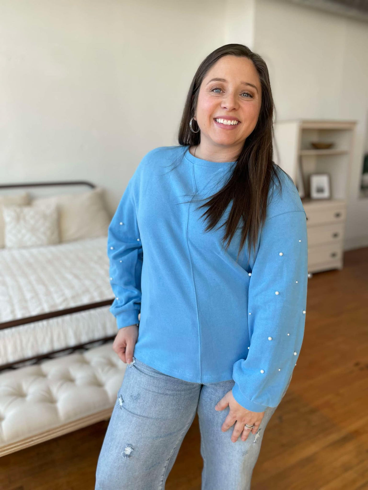 Hazel Blues® |  PREORDER: Hint Of Glamour Pearl Sleeve Sweatshirt