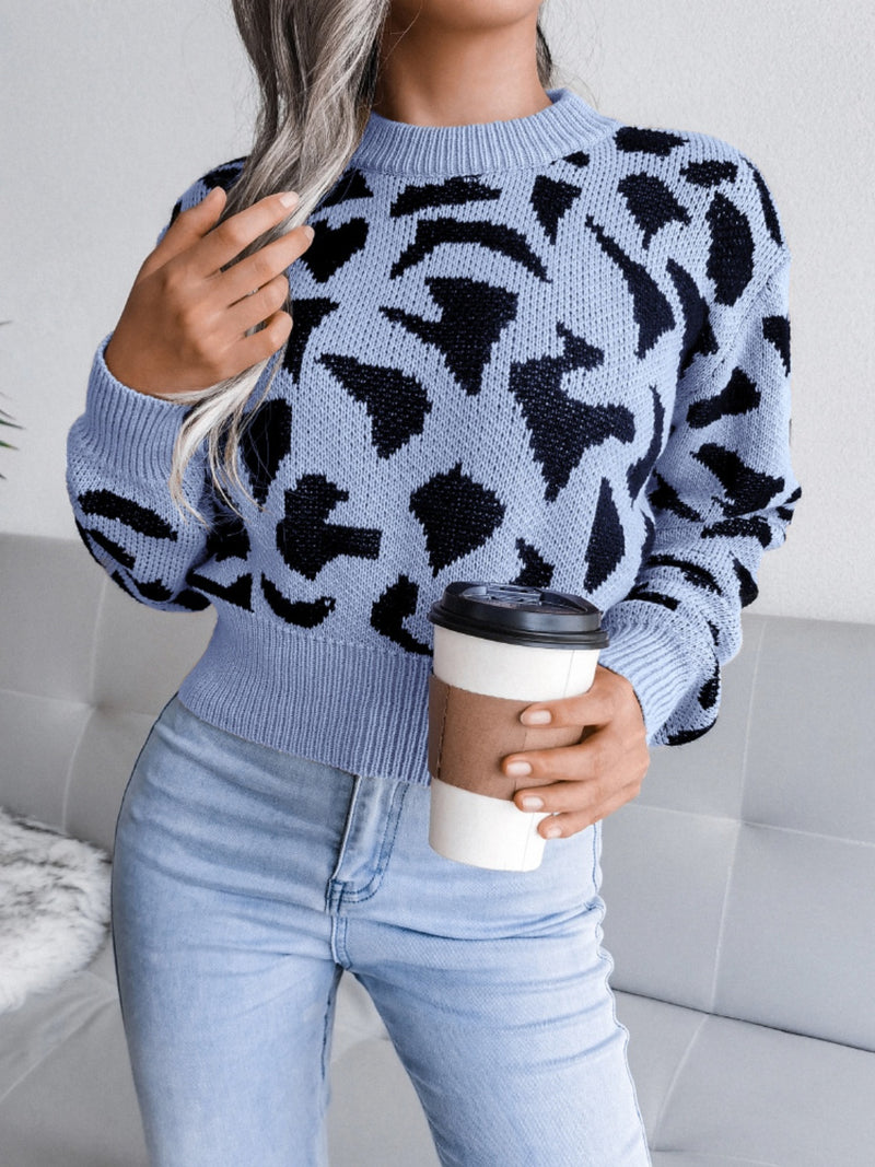 Hazel Blues® |  Leopard Round Neck Dropped Shoulder Sweater