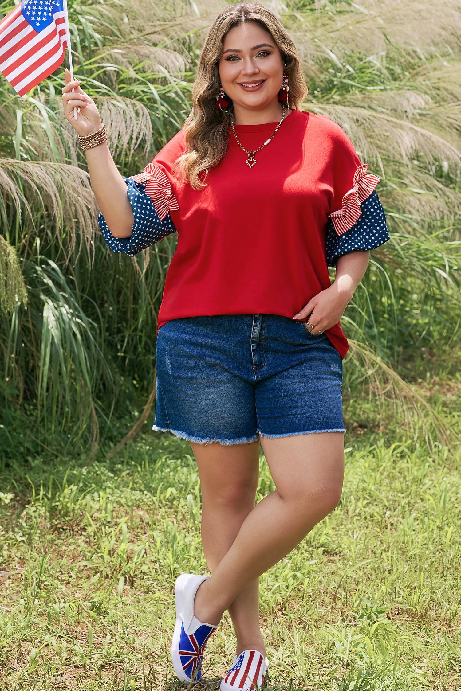 Striped Ruffles Star Short Bubble Sleeve Patchwork Top | Striped