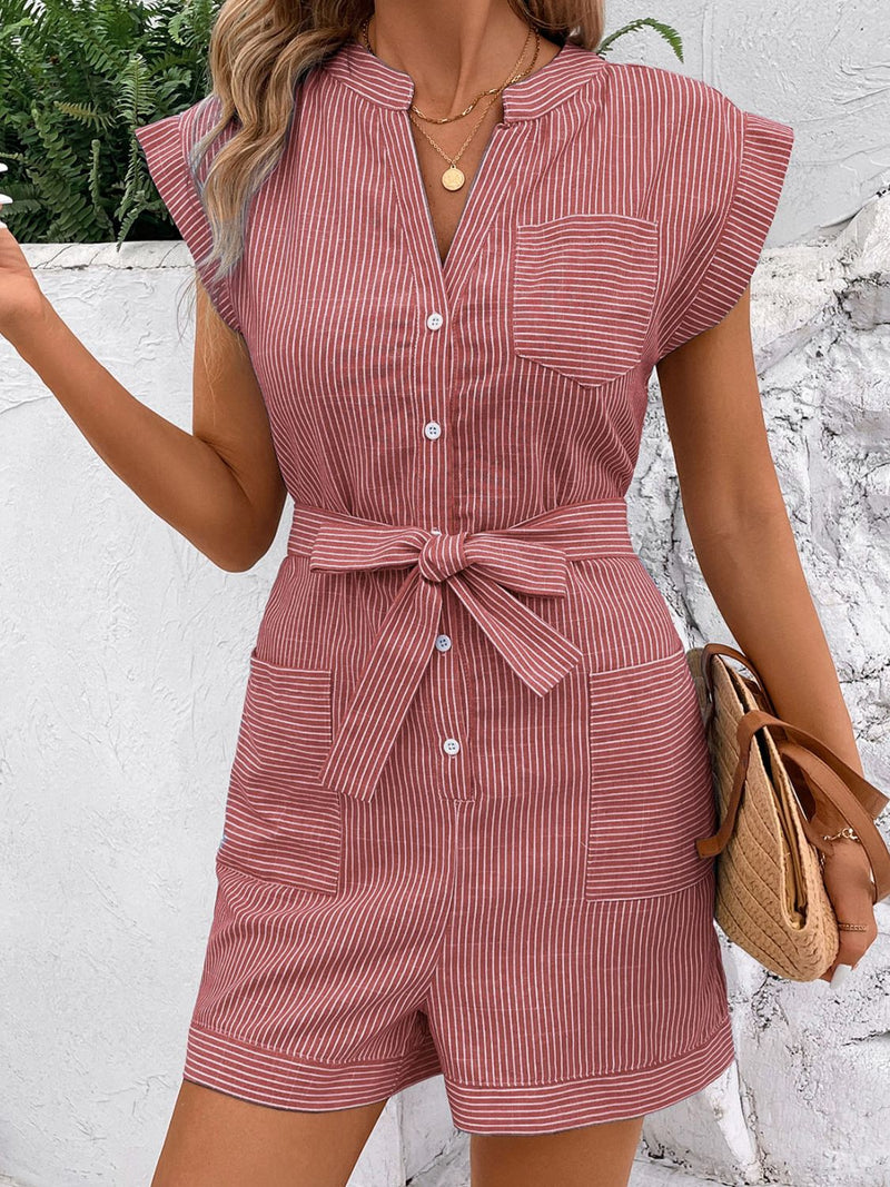 Hazel Blues® |  Striped Notched Tie Waist Romper