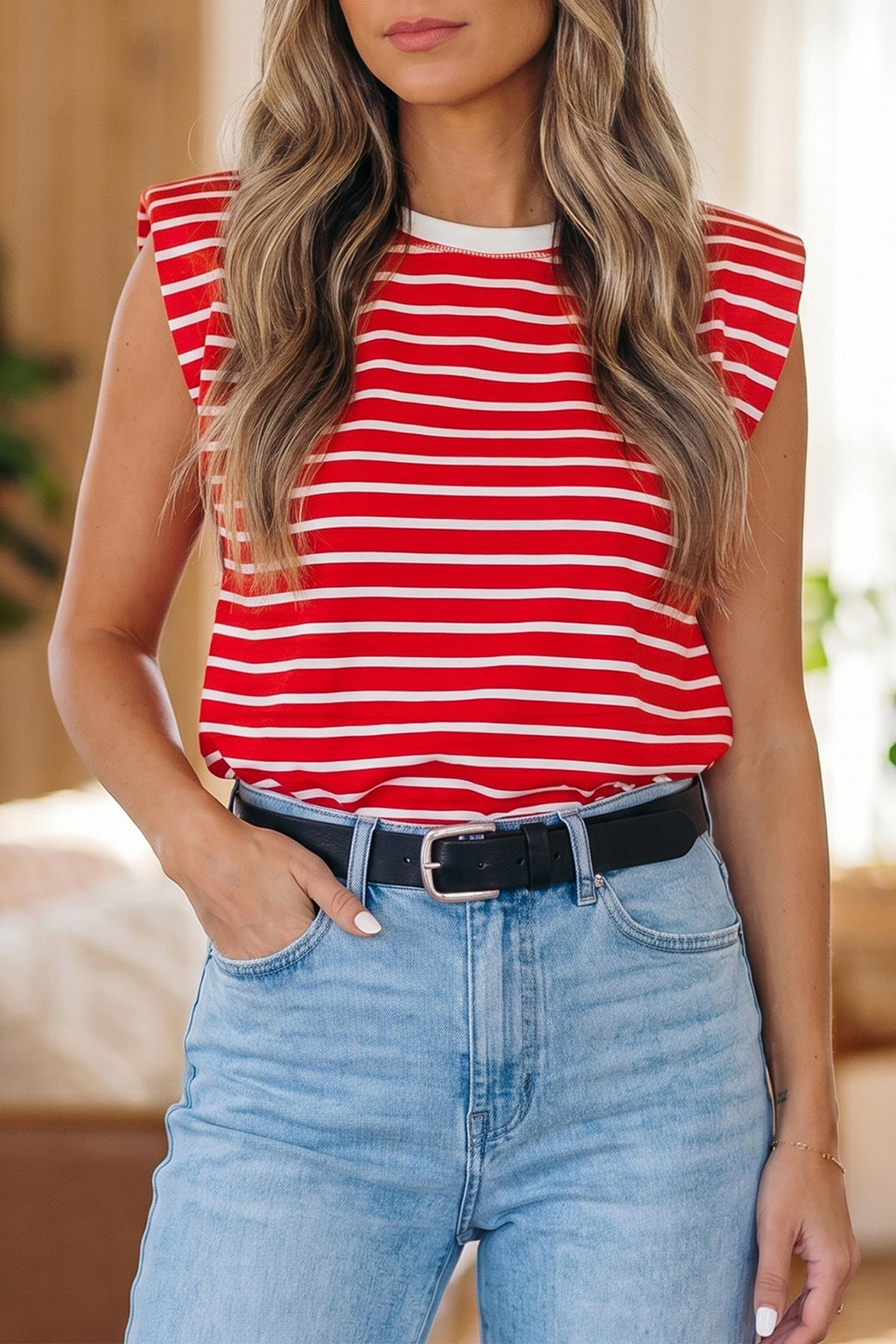 Ribbed Round Neck Trim Loose Tank Top