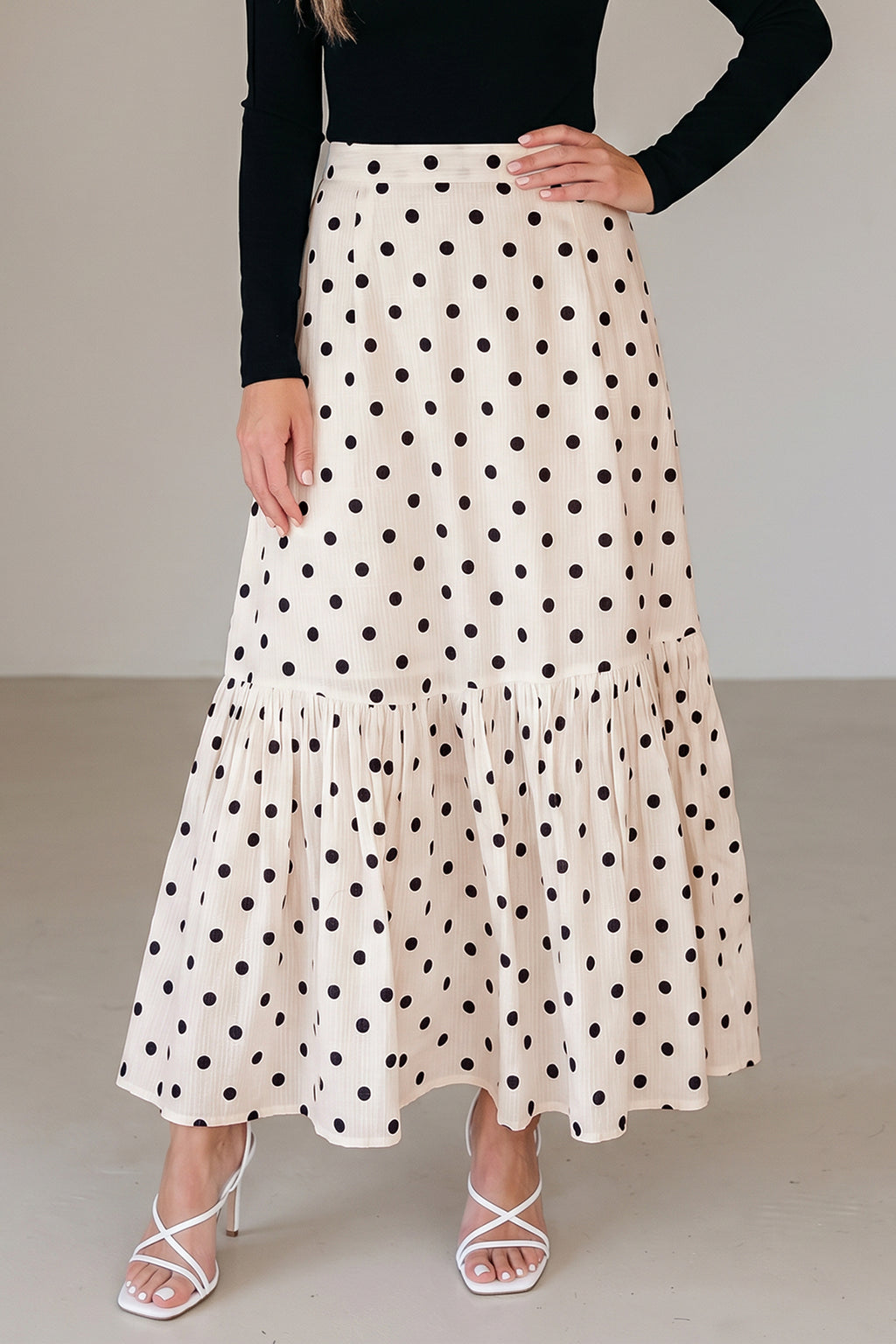 Hazel Blues® |  White Polka Dot Ruffled Slit Maxi Skirt