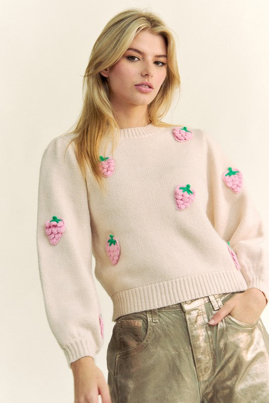 Hazel Blues® |  Davi & Dani Crochet Strawberry Round Neck Sweater