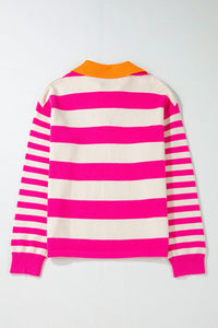 Hazel Blues® |  Contrast Stripes Johnny Collar Long Sleeve Sweater