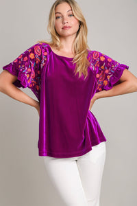 Hazel Blues® |  Umgee Velvet Embroidery Short Sleeve Blouse