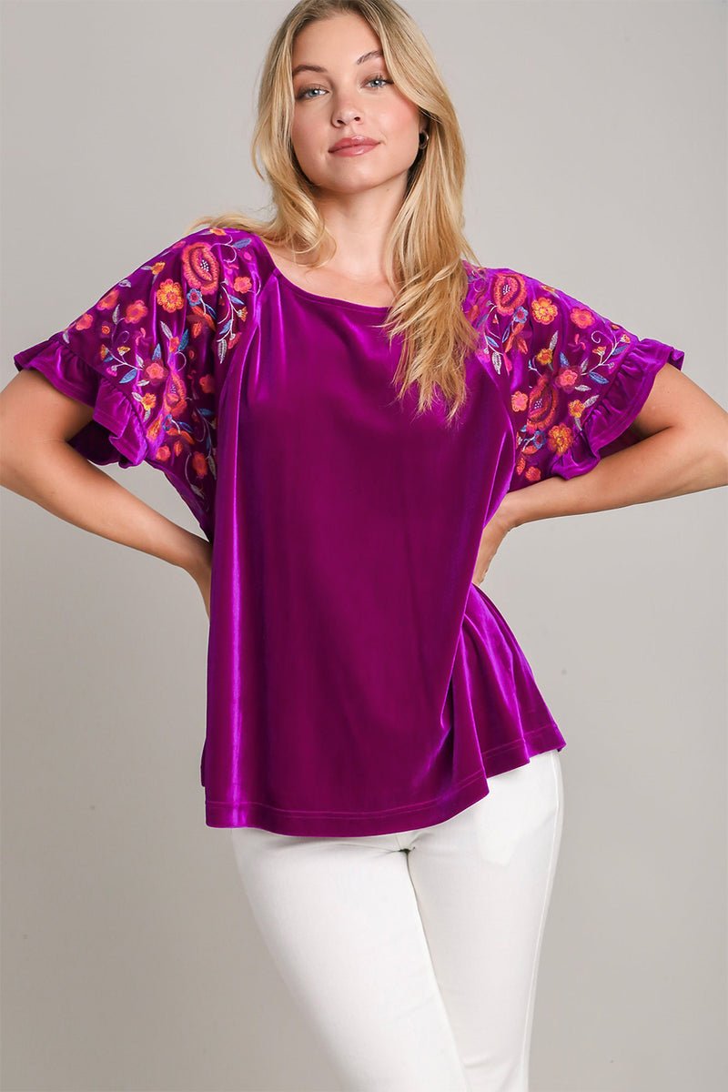 Hazel Blues® |  Umgee Velvet Embroidery Short Sleeve Blouse