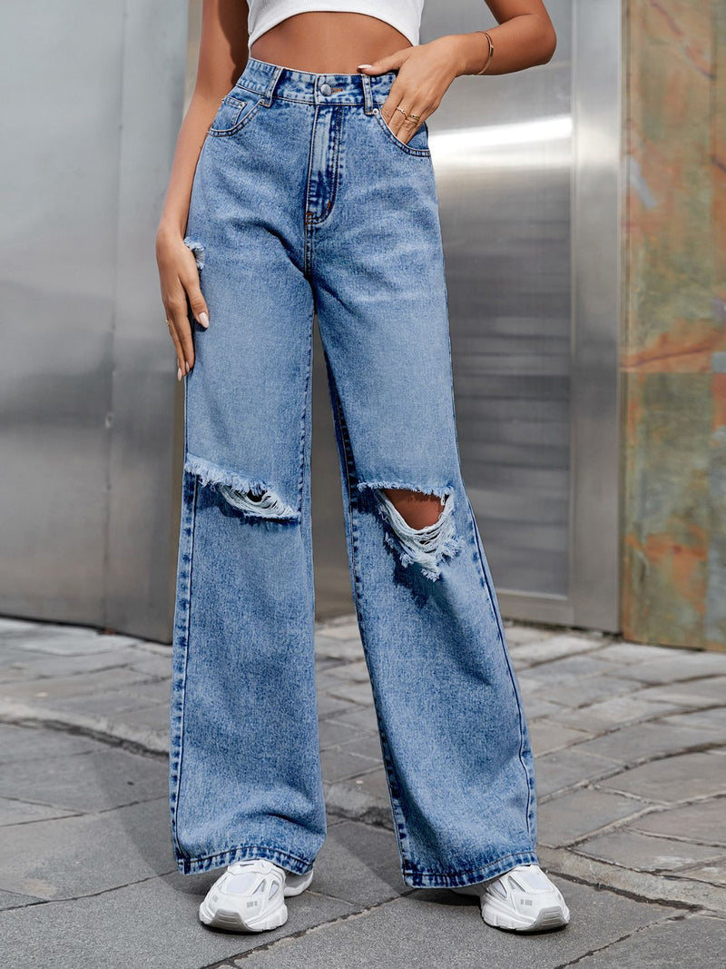 Hazel Blues® |  Distressed Wide Leg Jeans with Pockets