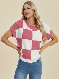 Hazel Blues® |  Double Take Checkered Round Neck Short Sleeve Sweater