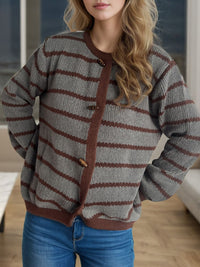 Hazel Blues® |  Striped Round Neck Long Sleeve Cardigan