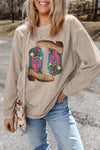 Hazel Blues® |  Smoke Gray Western Cowboy Boots Graphic Corded Loose Sweatshirt