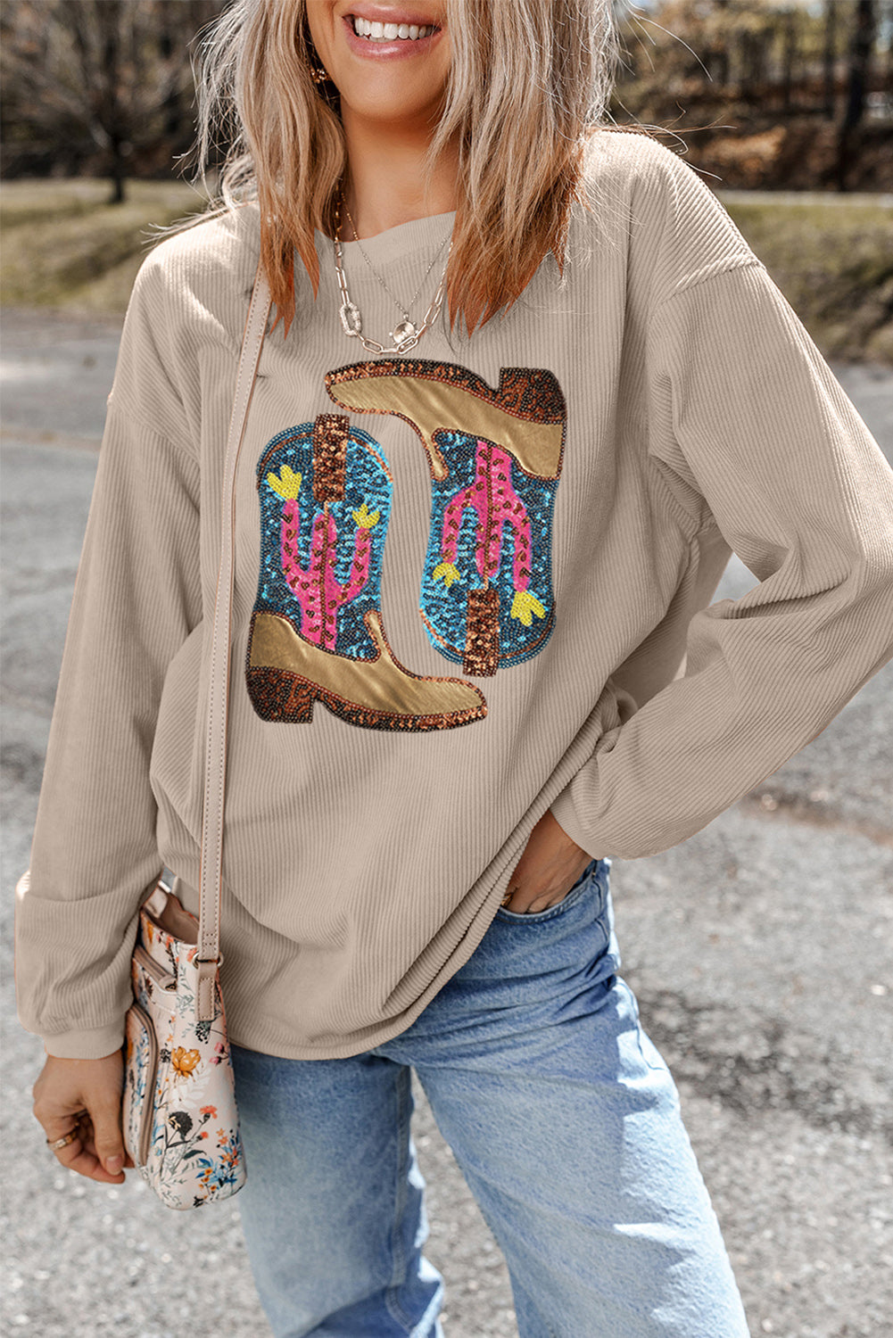 Hazel Blues® |  Smoke Gray Western Cowboy Boots Graphic Corded Loose Sweatshirt