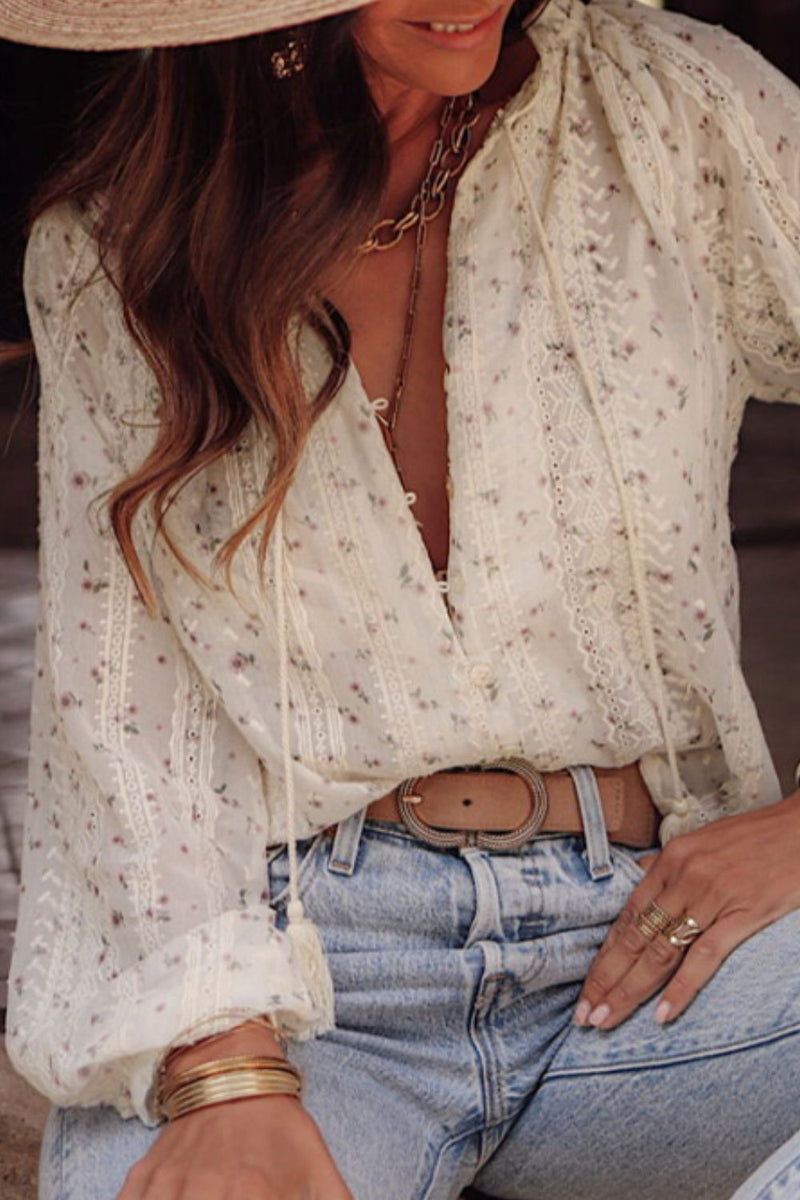 Hazel Blues® |  Frill Lace Detail Printed Tie Neck Long Sleeve Blouse