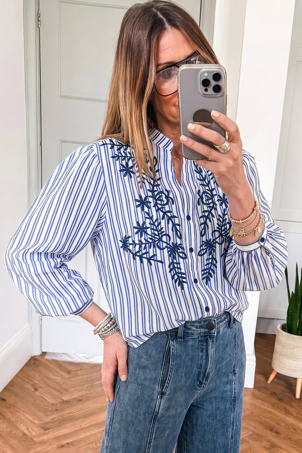 Mila Hope Blue Stripe Embroidered Shirt