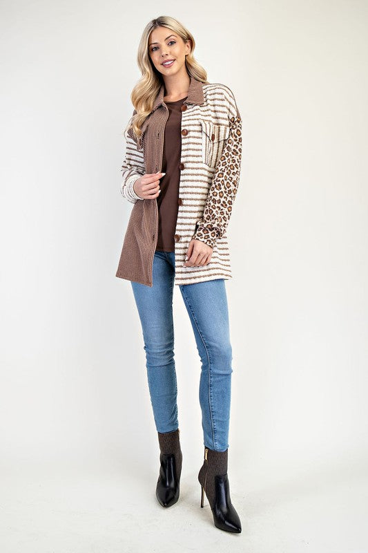 Hazel Blues® |  Celeste Leopard Contrast Button Up Shacket