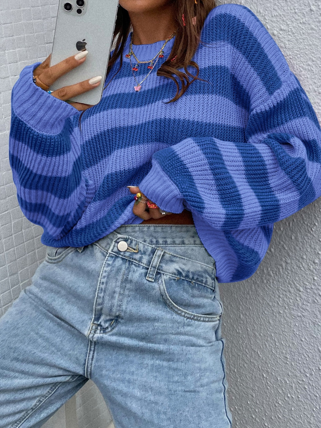 Hazel Blues® |  Honey Striped Round Neck Long Sleeve Sweater