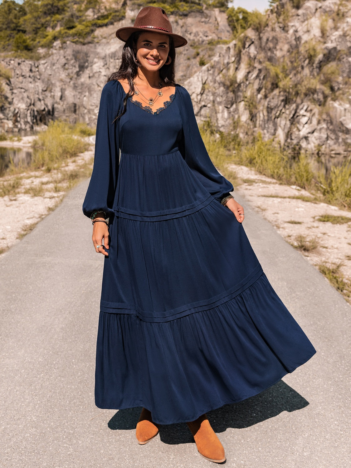 Wholesale MOQ6 Long Sleeve Lace Trim Maxi Dress Wholesale MOQ6 Long Sleeve Lace Trim Maxi Dress