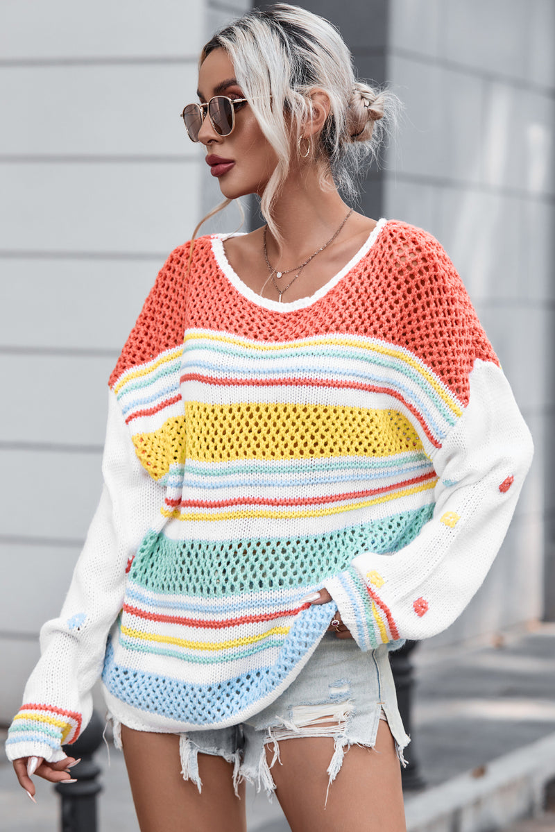 Hazel Blues® |  Hollow Striped Color Block Round Neck Sweater