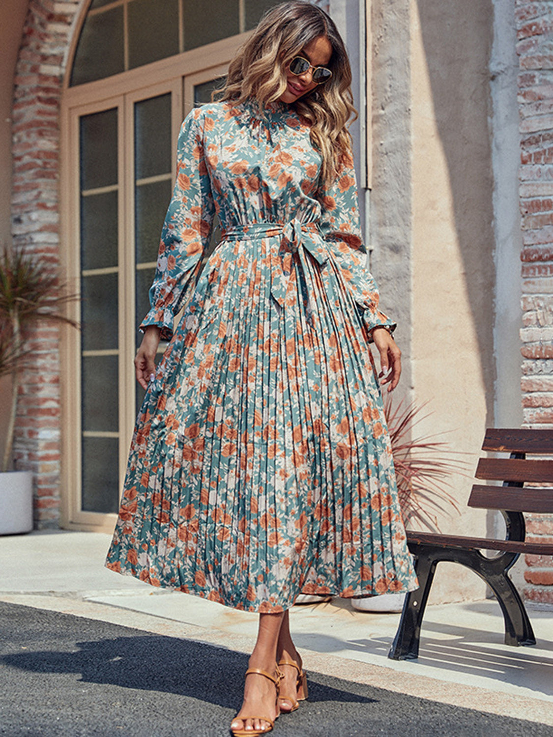 Hazel Blues® |  Perfee Tied Pleated Printed Mock Neck Long Sleeve Dress